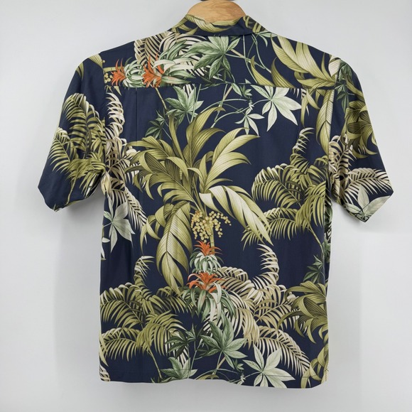 Tommy Bahama Silk Shirt Mens Large Navy Blue Tropical Palm Leaf Camp Button Down - Picture 3 of 8